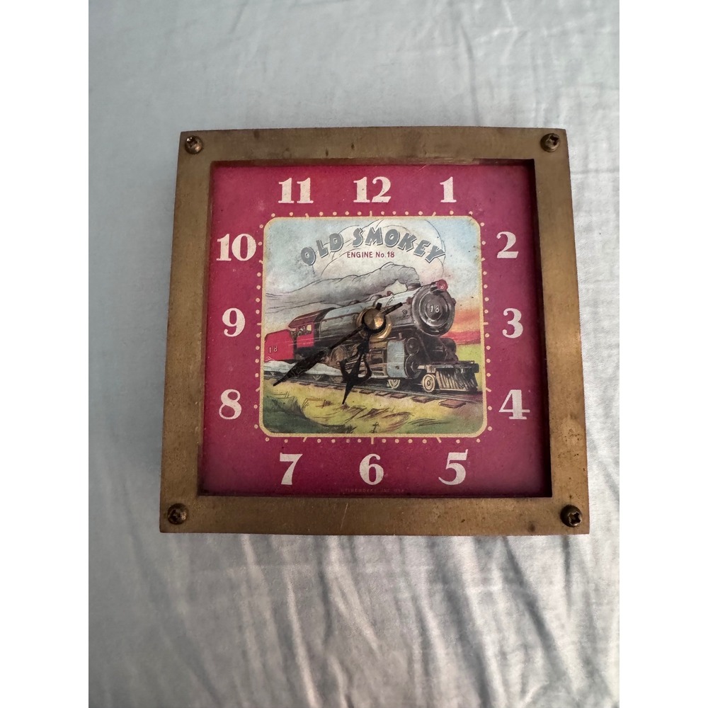Timeworks Inc Old Smokey Engine No 18 Train Wall Clock Vintage Brass Frame USA